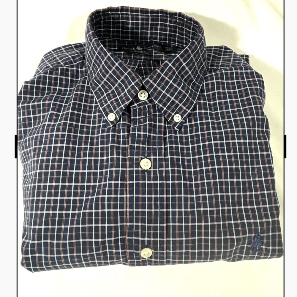 RALPH LAUREN BLAKE MENS DRESS SHIRT COTTON BUTTON DOWN NAVY PLAID L PREOWN A87